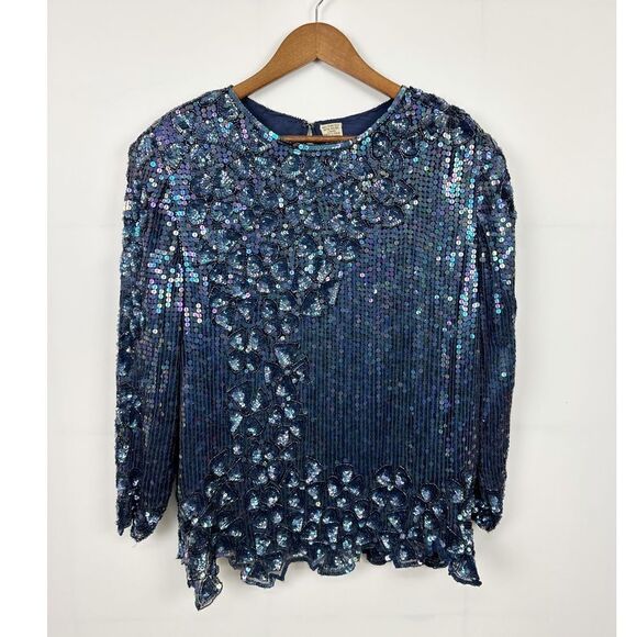 Vintage Sequin Scalloped Hem Blouse Blue Size Medium - Picture 1 of 8